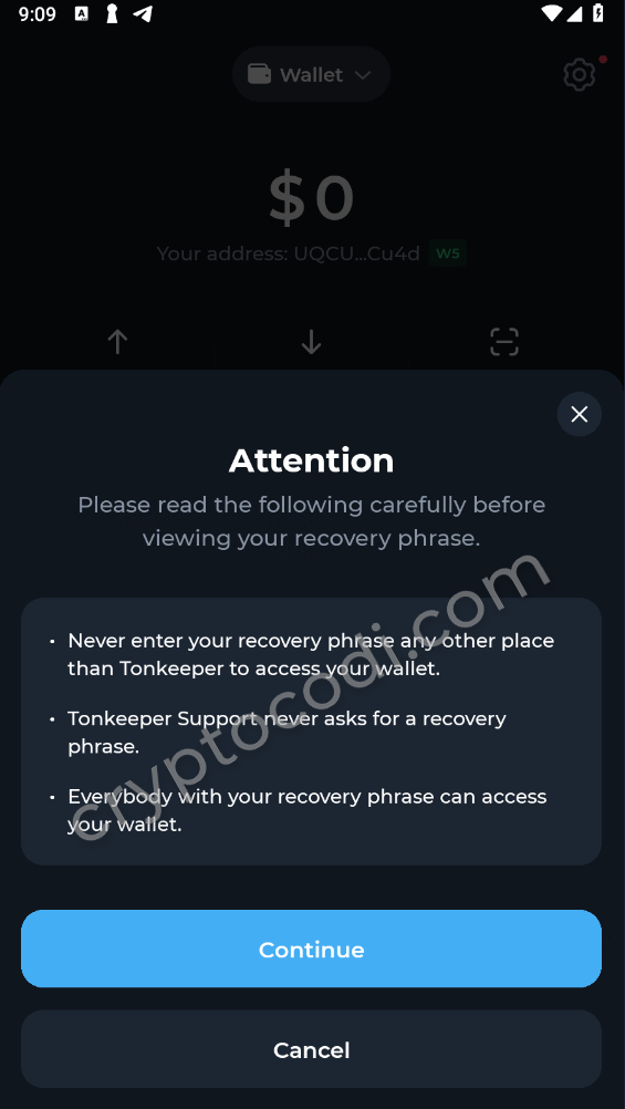 Tonkeeper - Створення гаманця, відображення фрази відновлення