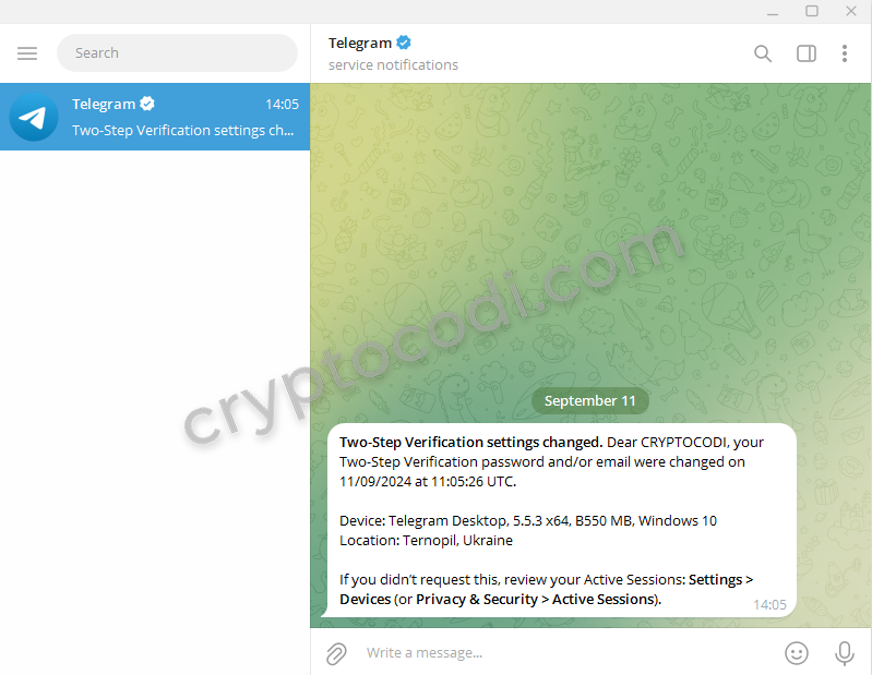 Telegram ферма - 2FA, успішне підключення, повідомлення