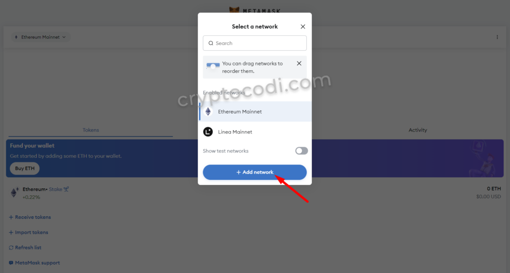 MetaMask - Додавання мережі, кнопка Додати мережу