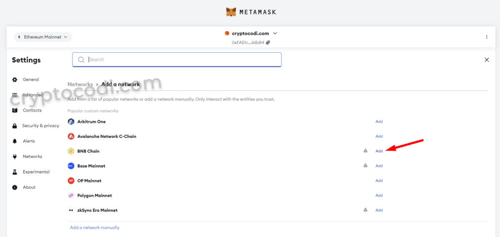 MetaMask - Додавання мережі, кнопка Додати мережу BNB