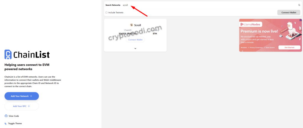 MetaMask - Додавання мережі через ChainList, пошук Scroll