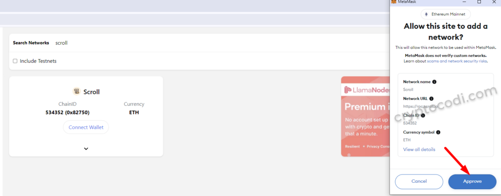 MetaMask - Додавання мережі через ChainList, додавання мережі Scroll