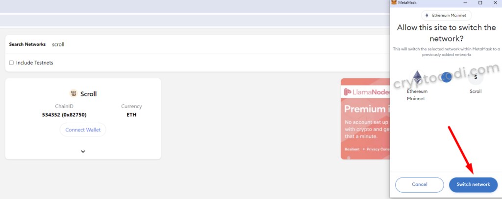 MetaMask - Додавання мережі через ChainList, переключення на мережу Scroll