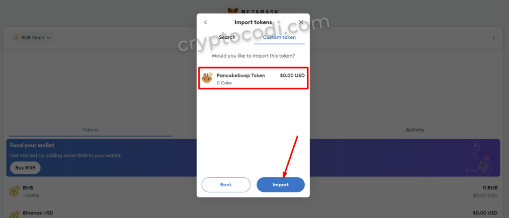 Додавання токена через контракт, MetaMask, імпорт $CAKE (2)