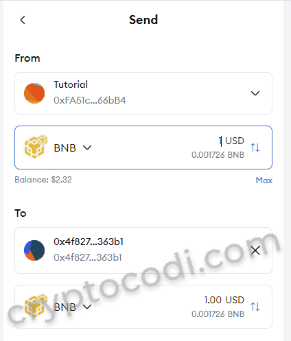 MetaMask - Відправка токенів, тестова відправка 1$ в BNB на адресу 0x4f827xxx