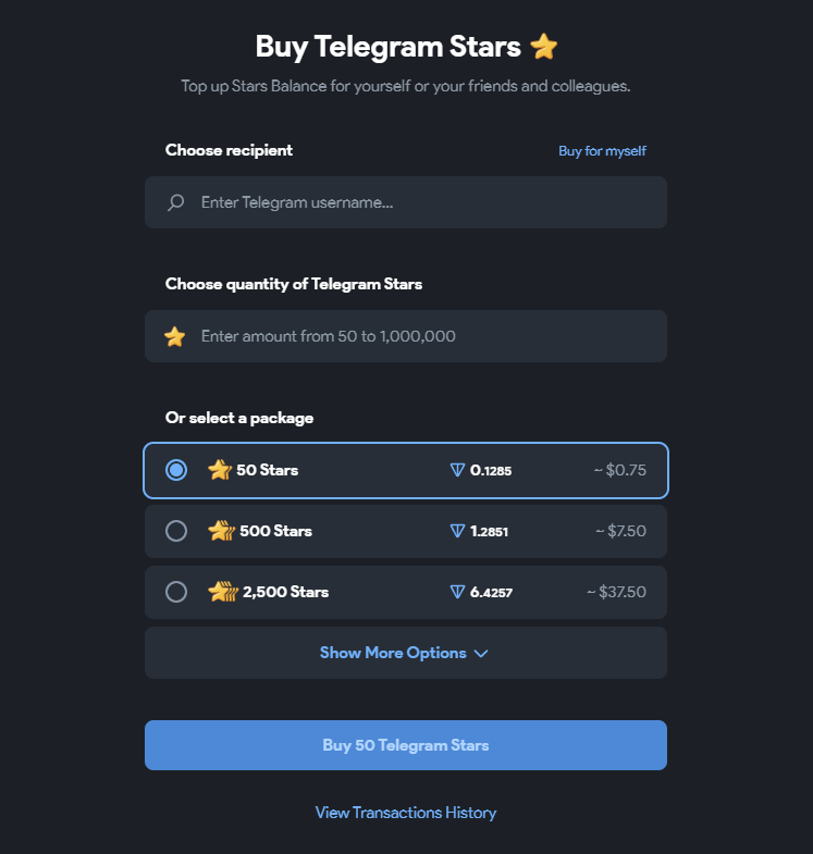 Сторінка покупки Telegram Stars, Fragment