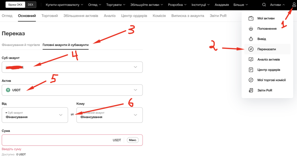 Переказ коштів між суб-акаунтами OKX